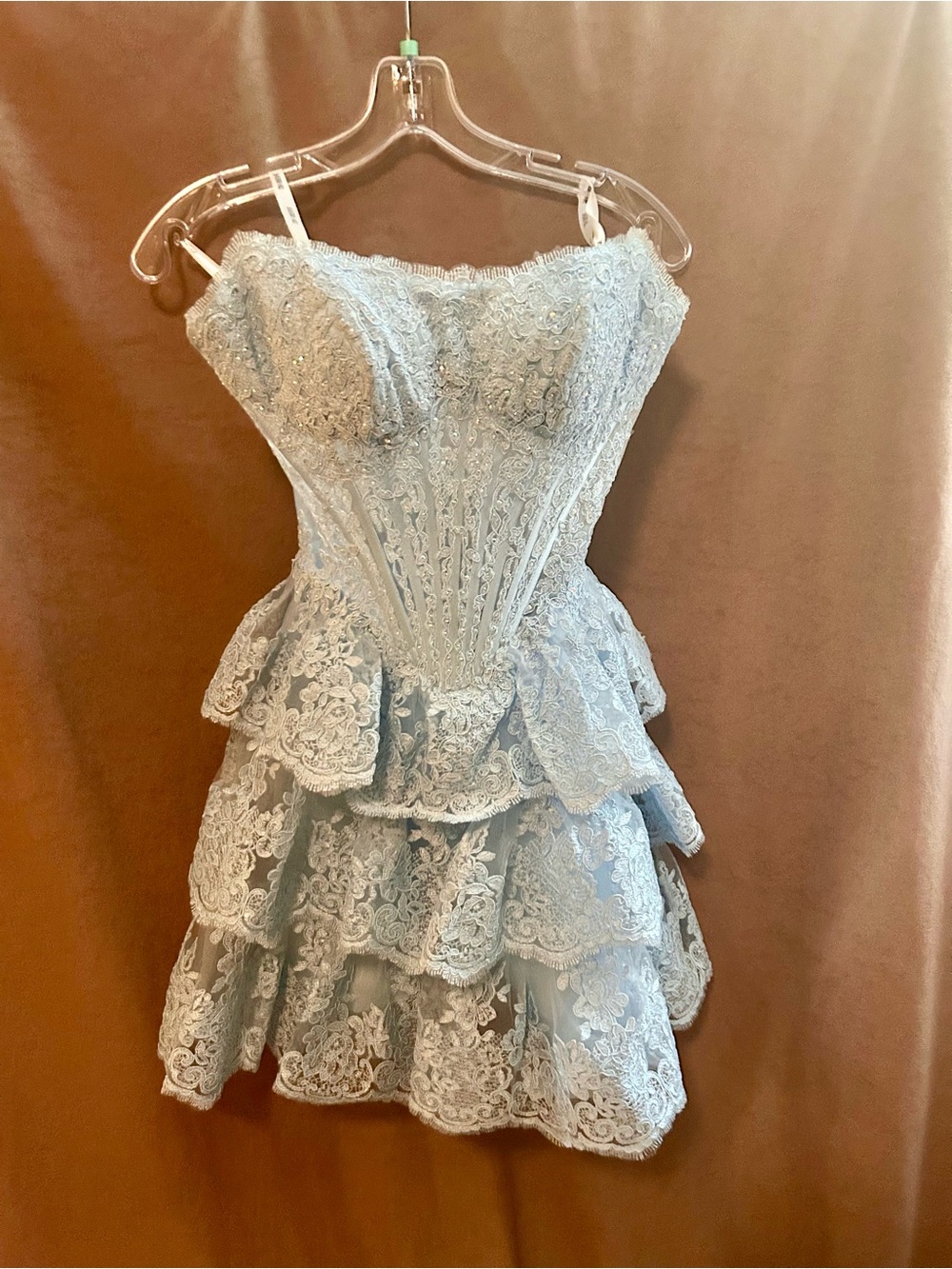 Sherri Hill Light Blue Strapless Lace Tiered Cocktail Dress